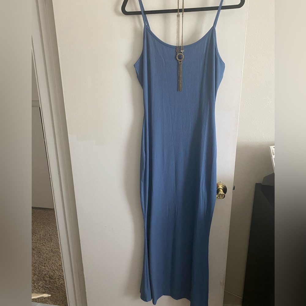 Elegant, XL, Blue Bodycon ribbed Spaghetti Strap Dress, jewerly not included